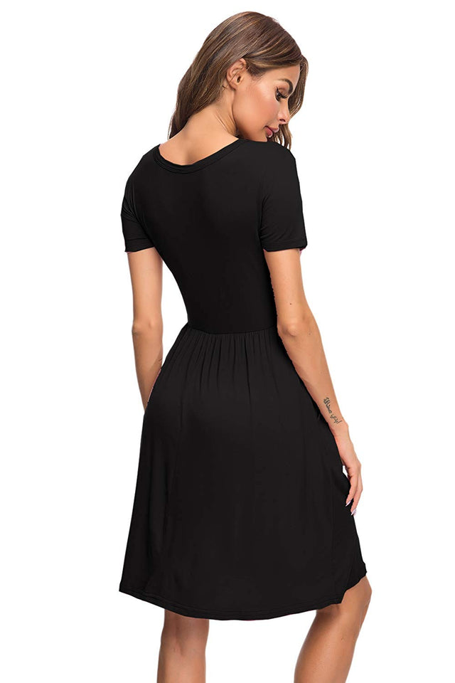 AUSELILY Women's Short Sleeve Pleated Loose Swing Casual Dress with Pockets Knee Length