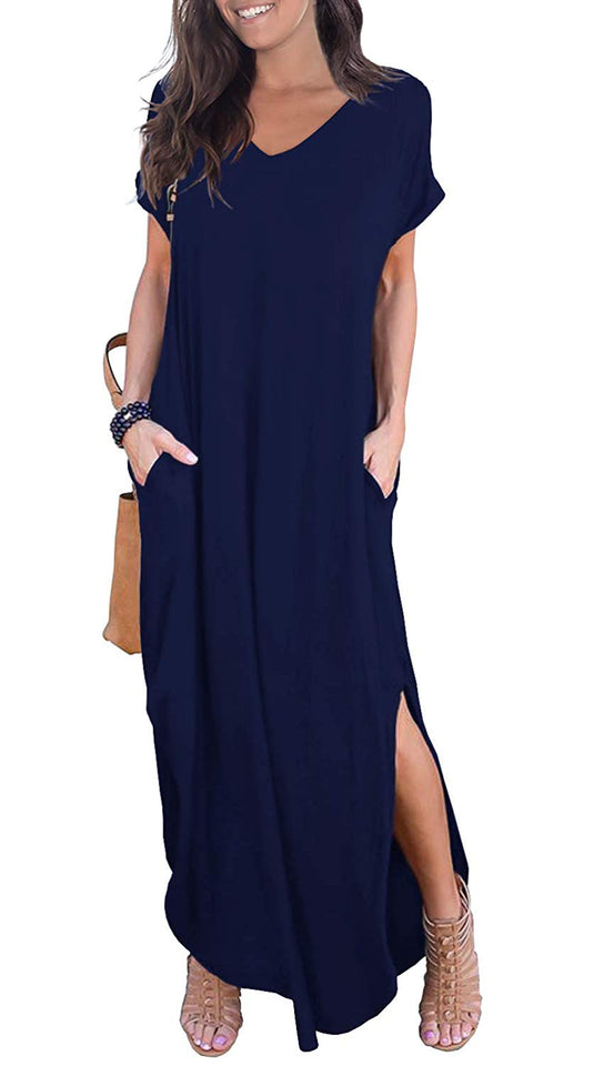 GRECERELLE Women's Casual Loose Pocket Long Dress Short Sleeve Split Maxi Dresses