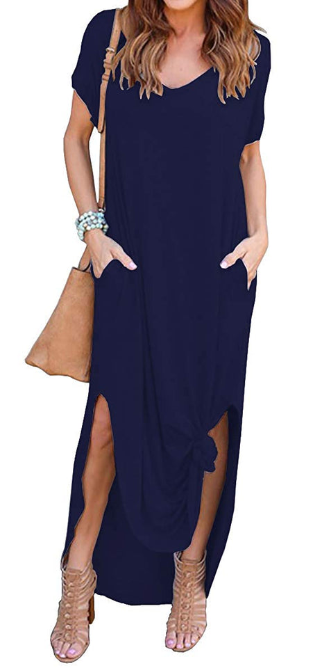 GRECERELLE Women's Casual Loose Pocket Long Dress Short Sleeve Split Maxi Dresses