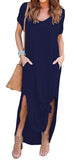 GRECERELLE Women's Casual Loose Pocket Long Dress Short Sleeve Split Maxi Dresses