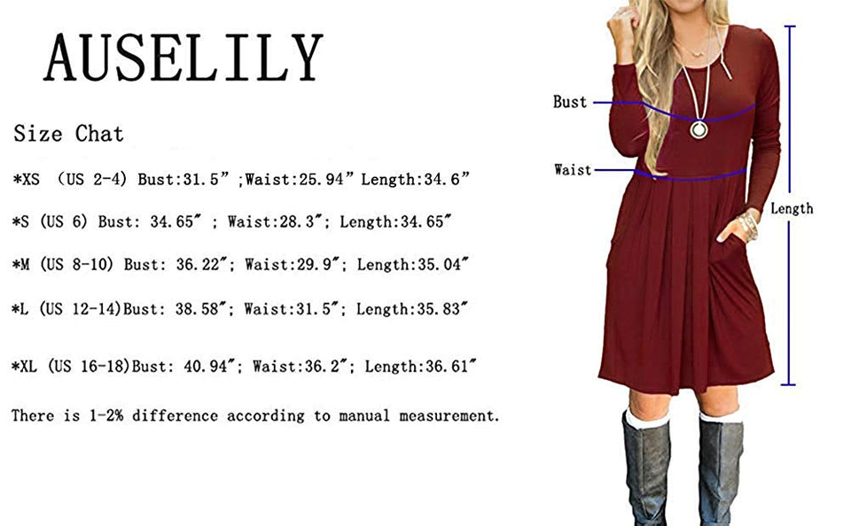 AUSELILY Women's Short Sleeve Pleated Loose Swing Casual Dress with Pockets Knee Length