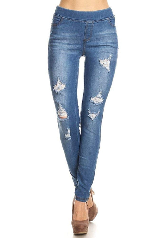 Women's Stretch Pull-On Skinny Ripped Distressed Denim Jeggings Regular-Plus Size