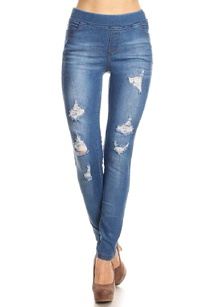 Women's Stretch Pull-On Skinny Ripped Distressed Denim Jeggings Regular-Plus Size