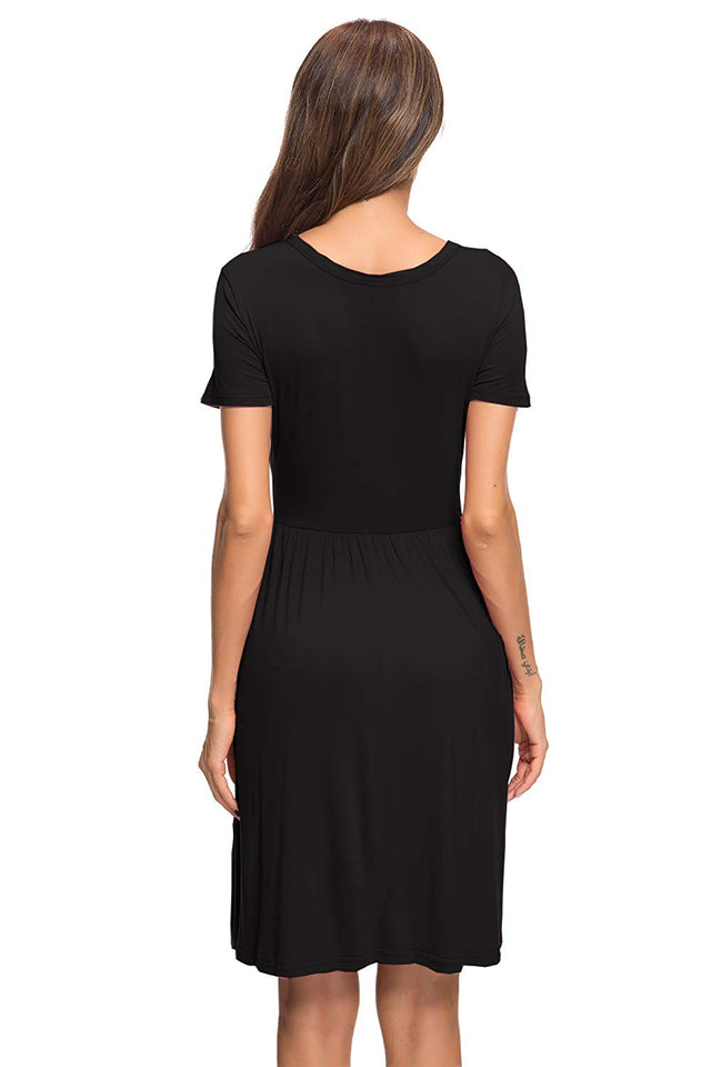 AUSELILY Women's Short Sleeve Pleated Loose Swing Casual Dress with Pockets Knee Length