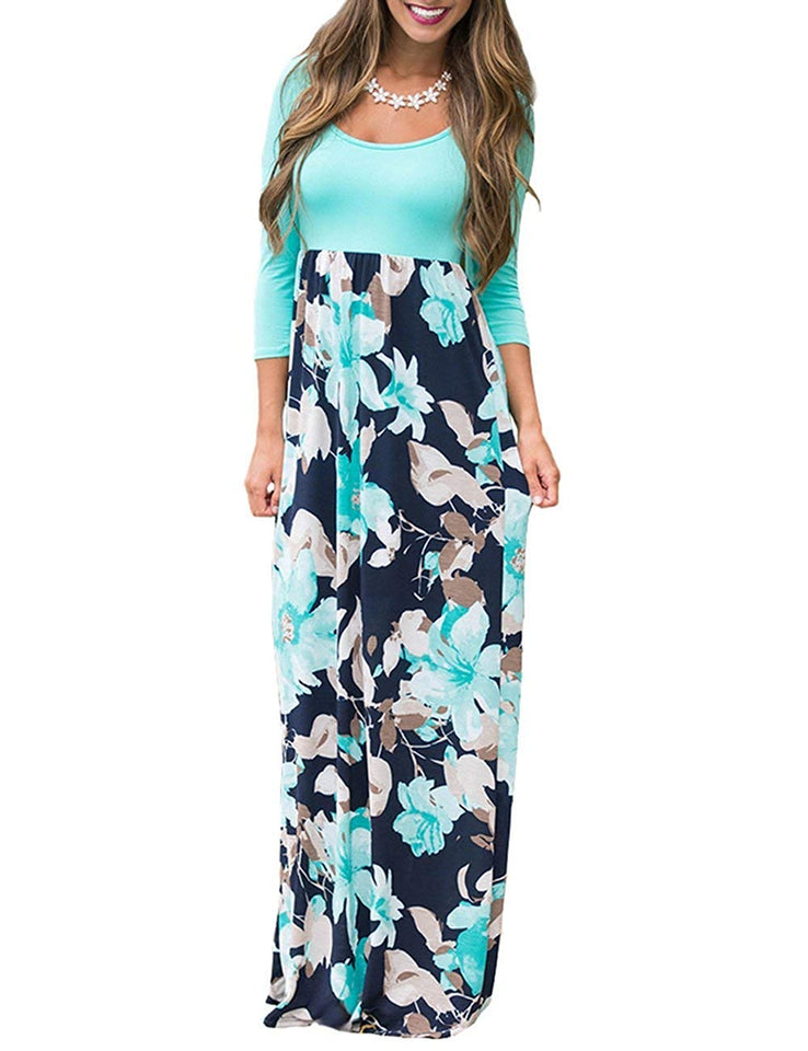 DUNEA Women's Maxi Dress Floral Printed Autumn 3/4 Sleeve Casual Tunic Long Maxi Dress