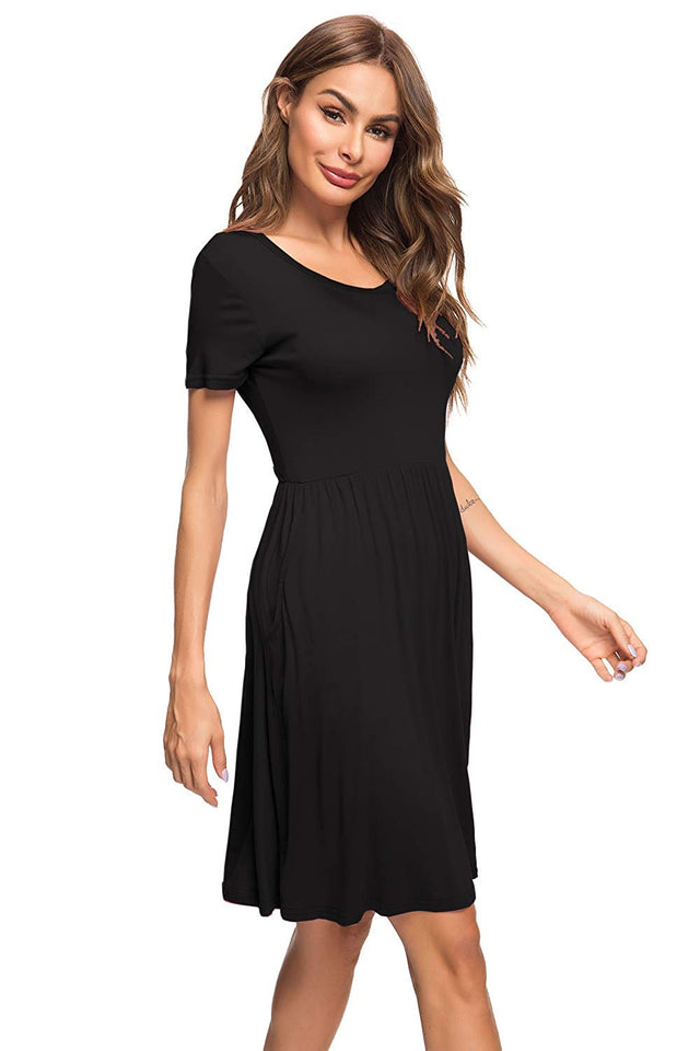 AUSELILY Women's Short Sleeve Pleated Loose Swing Casual Dress with Pockets Knee Length
