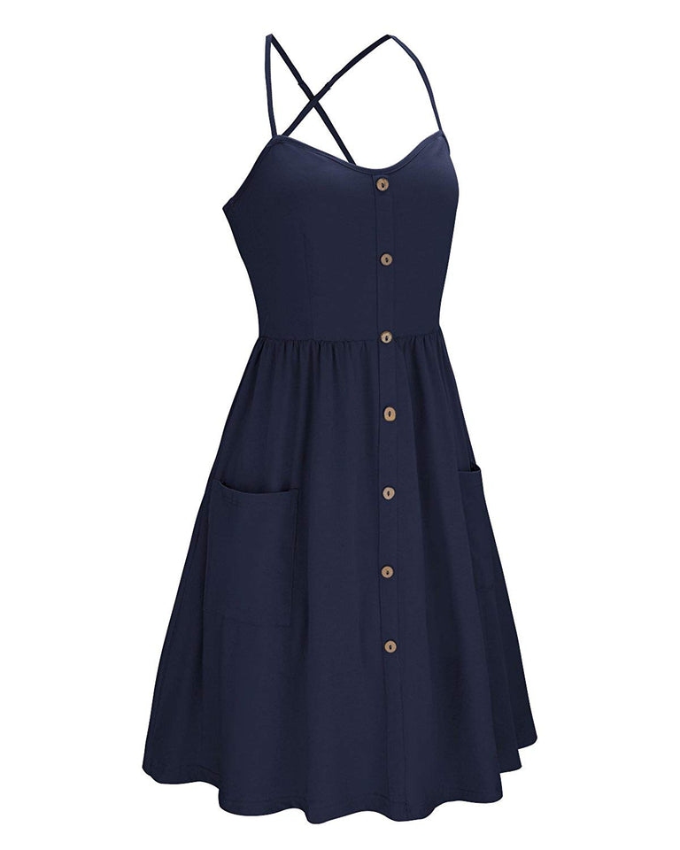 KILIG Women's Summer Sundress Spaghetti Strap Button Down Dress with Pockets