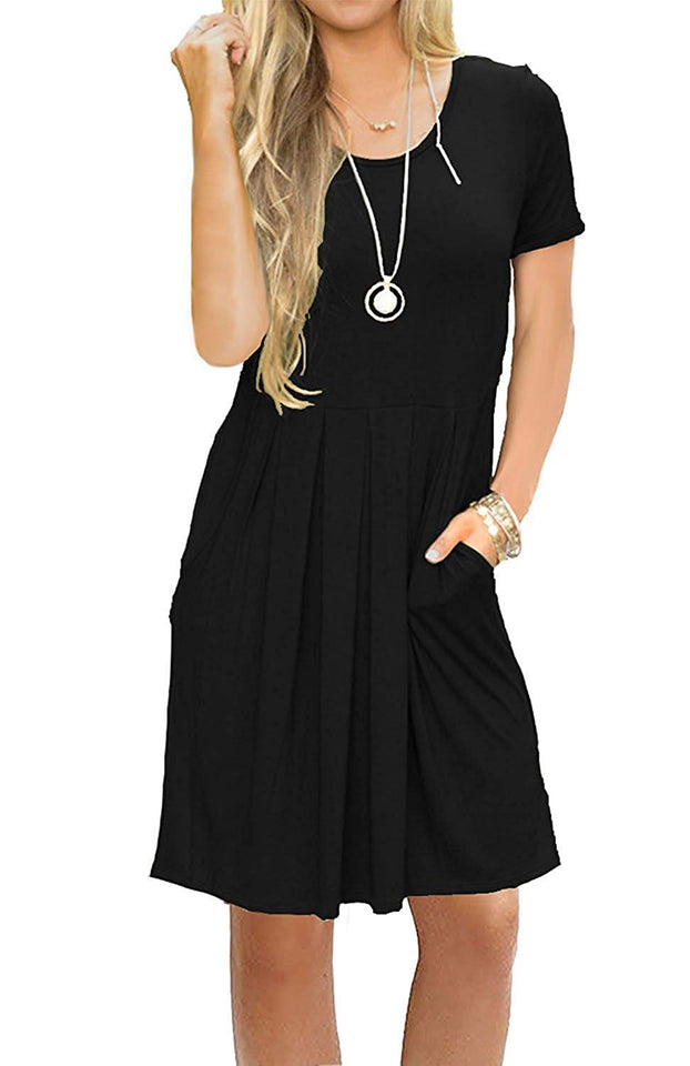 AUSELILY Women's Short Sleeve Pleated Loose Swing Casual Dress with Pockets Knee Length