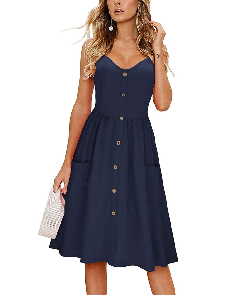 KILIG Women's Summer Sundress Spaghetti Strap Button Down Dress with Pockets