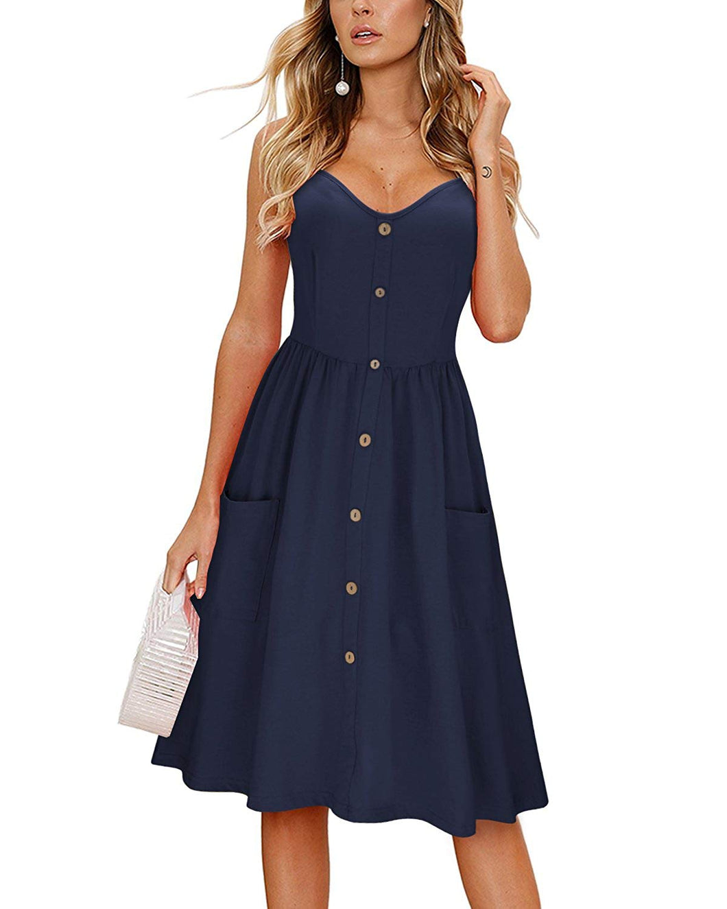 KILIG Women's Summer Sundress Spaghetti Strap Button Down Dress with Pockets