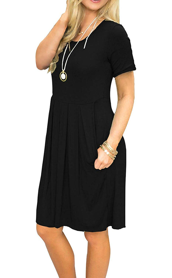 AUSELILY Women's Short Sleeve Pleated Loose Swing Casual Dress with Pockets Knee Length