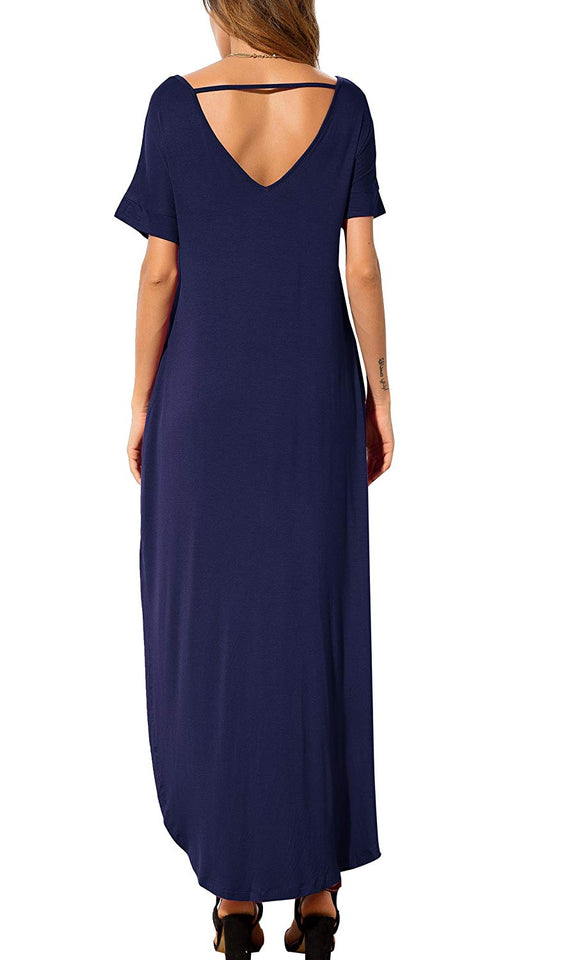 GRECERELLE Women's Casual Loose Pocket Long Dress Short Sleeve Split Maxi Dresses