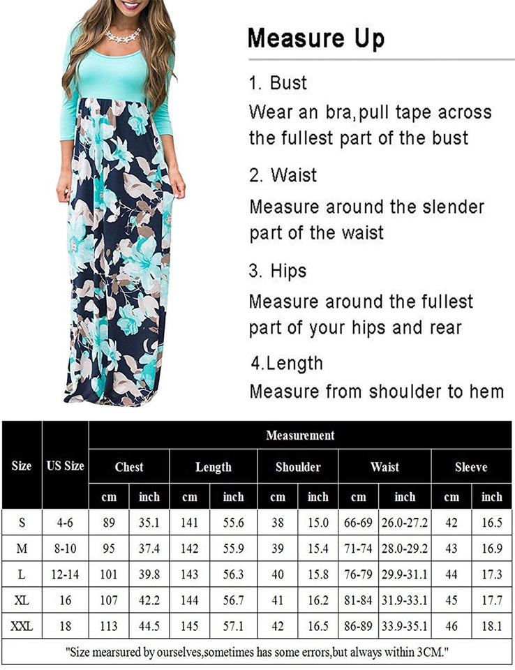 DUNEA Women's Maxi Dress Floral Printed Autumn 3/4 Sleeve Casual Tunic Long Maxi Dress